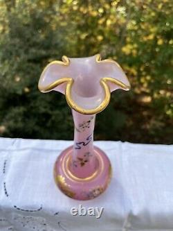 Antique Baccarat French pink opaline painted quaterfoil Enamel Glass vase