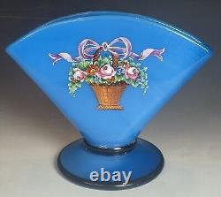 Antique Blue Opaline Enameled Victorian Glass Fan Footed Vase 19th C. French Art