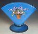 Antique Blue Opaline Enameled Victorian Glass Fan Footed Vase 19th C. French Art