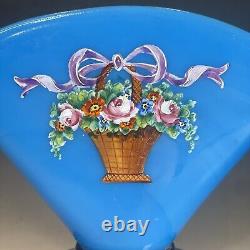 Antique Blue Opaline Enameled Victorian Glass Fan Footed Vase 19th C. French Art