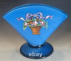 Antique Blue Opaline Enameled Victorian Glass Fan Footed Vase 19th C. French Art