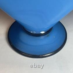 Antique Blue Opaline Enameled Victorian Glass Fan Footed Vase 19th C. French Art
