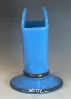 Antique Blue Opaline Enameled Victorian Glass Fan Footed Vase 19th C. French Art