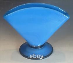 Antique Blue Opaline Enameled Victorian Glass Fan Footed Vase 19th C. French Art