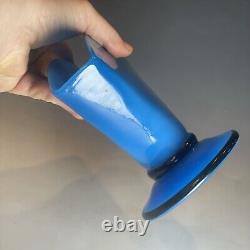 Antique Blue Opaline Enameled Victorian Glass Fan Footed Vase 19th C. French Art