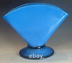 Antique Blue Opaline Enameled Victorian Glass Fan Footed Vase 19th C. French Art