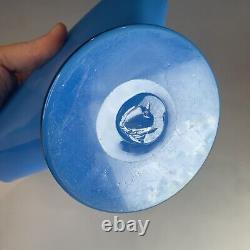 Antique Blue Opaline Enameled Victorian Glass Fan Footed Vase 19th C. French Art