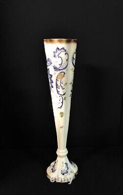 Antique Bohemian French White Opaline Vase With Painted Blue Gold Gilt 14