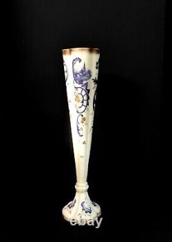 Antique Bohemian French White Opaline Vase With Painted Blue Gold Gilt 14