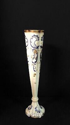 Antique Bohemian French White Opaline Vase With Painted Blue Gold Gilt 14