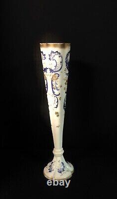 Antique Bohemian French White Opaline Vase With Painted Blue Gold Gilt 14