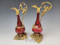 Antique Bohemian or French Ormolu Mounted Cranberry Glass Ewers Vases