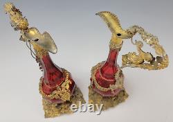 Antique Bohemian or French Ormolu Mounted Cranberry Glass Ewers Vases