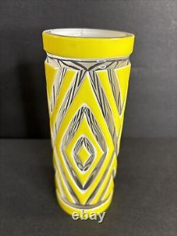 Antique Cameo Glass Vase/Art Deco/High Relief/France C1940/YellowithGeometric Line