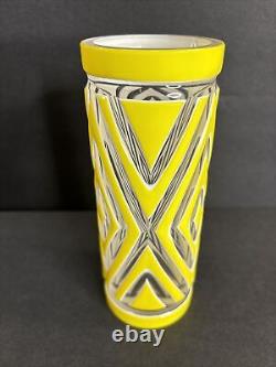 Antique Cameo Glass Vase/Art Deco/High Relief/France C1940/YellowithGeometric Line