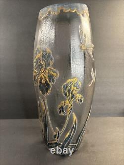 Antique Cameo Glass Vase/Art Nouveau/Legras/Enamel Blue Gold/France C. 1910/Large
