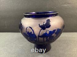 Antique Cameo Glass Vase/Flowers/ High Relief/Signed/Degué/France C. 1925/Blue