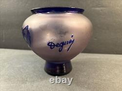 Antique Cameo Glass Vase/Flowers/ High Relief/Signed/Degué/France C. 1925/Blue