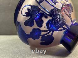 Antique Cameo Glass Vase/Flowers/ High Relief/Signed/Degué/France C. 1925/Blue