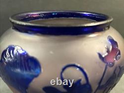 Antique Cameo Glass Vase/Flowers/ High Relief/Signed/Degué/France C. 1925/Blue