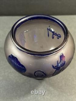 Antique Cameo Glass Vase/Flowers/ High Relief/Signed/Degué/France C. 1925/Blue
