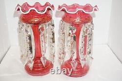Antique Cranberry Glass Mantle Luster Pair withFrench Cut Prisms & Gold Accents