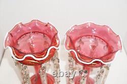 Antique Cranberry Glass Mantle Luster Pair withFrench Cut Prisms & Gold Accents