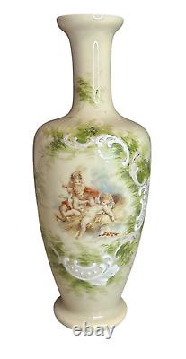 Antique Cream Opaline Glass Hand Painted Cherubs Putti Vase French Origin 12.2