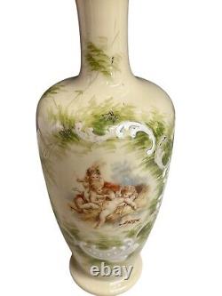 Antique Cream Opaline Glass Hand Painted Cherubs Putti Vase French Origin 12.2