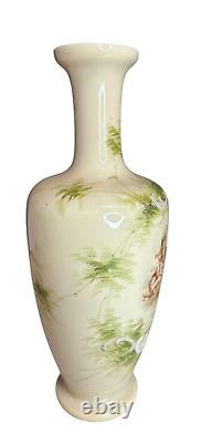 Antique Cream Opaline Glass Hand Painted Cherubs Putti Vase French Origin 12.2