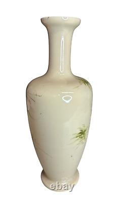 Antique Cream Opaline Glass Hand Painted Cherubs Putti Vase French Origin 12.2