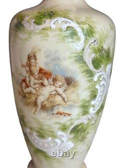 Antique Cream Opaline Glass Hand Painted Cherubs Putti Vase French Origin 12.2