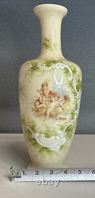 Antique Cream Opaline Glass Hand Painted Cherubs Putti Vase French Origin 12.2