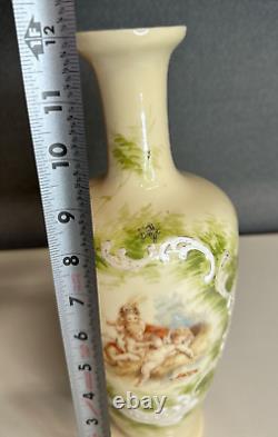 Antique Cream Opaline Glass Hand Painted Cherubs Putti Vase French Origin 12.2