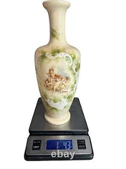 Antique Cream Opaline Glass Hand Painted Cherubs Putti Vase French Origin 12.2