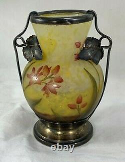 Antique Daum Nancy Cameo Glass Vase with Silver Mounts French Art Glass