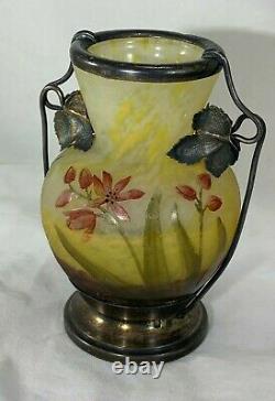 Antique Daum Nancy Cameo Glass Vase with Silver Mounts French Art Glass
