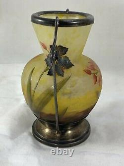 Antique Daum Nancy Cameo Glass Vase with Silver Mounts French Art Glass