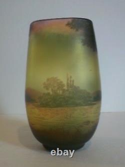 Antique De Vez French Cameo 5.5 Art Glass Scenic Vase, c. 1920