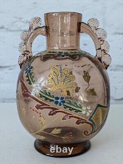 Antique Emile Galle Enamel Painted Amber Glass Cabinet Vase