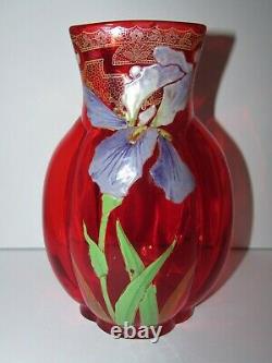Antique Enameled Hand Painted French Mont Joye Legras Red Art Glass Vase 904