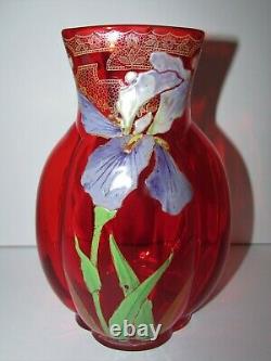 Antique Enameled Hand Painted French Mont Joye Legras Red Art Glass Vase 904