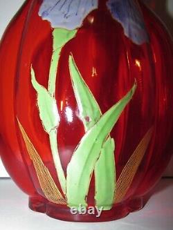 Antique Enameled Hand Painted French Mont Joye Legras Red Art Glass Vase 904