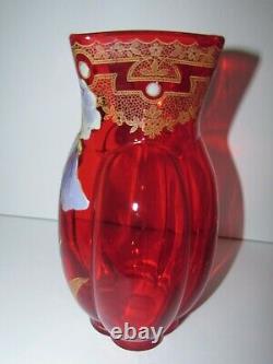 Antique Enameled Hand Painted French Mont Joye Legras Red Art Glass Vase 904