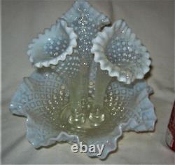 Antique Fenton USA French White Hobnail Opalescent Art Glass Flower Epergne Vase