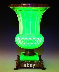 Antique French 12.25 VASELINE CHARTREUSE CRYSTAL & BRASS MEDICI VASES URNS PAIR