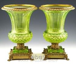 Antique French 12.25 VASELINE CHARTREUSE CRYSTAL & BRASS MEDICI VASES URNS PAIR