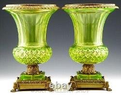 Antique French 12.25 VASELINE CHARTREUSE CRYSTAL & BRASS MEDICI VASES URNS PAIR