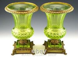 Antique French 12.25 VASELINE CHARTREUSE CRYSTAL & BRASS MEDICI VASES URNS PAIR