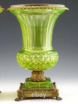 Antique French 12.25 VASELINE CHARTREUSE CRYSTAL & BRASS MEDICI VASES URNS PAIR
